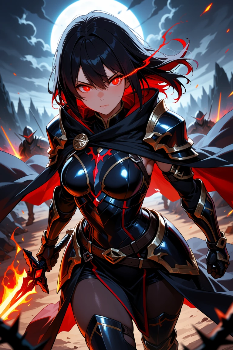 Red-eyed anime warrior girl in black-and-gold armor with a flowing cape on a fiery battlefield, made with Dreamerland