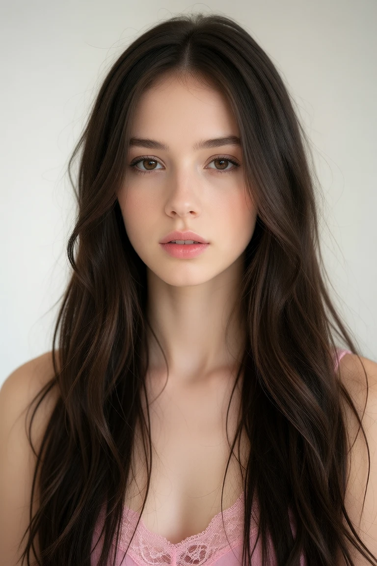Photorealistic beauty portrait of a woman with long dark hair and soft natural light, made with Dreamerland