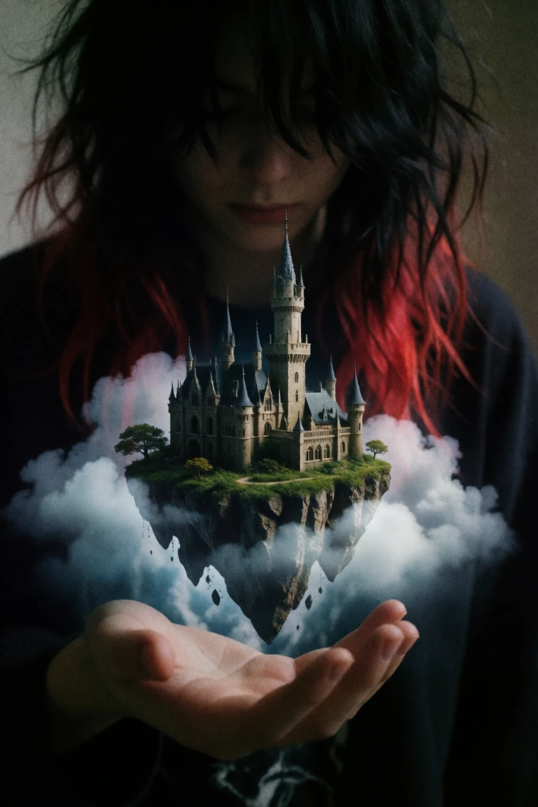 A tiny floating castle island resting in cupped hands amid drifting clouds, dreamy conceptual art made with Dreamerland