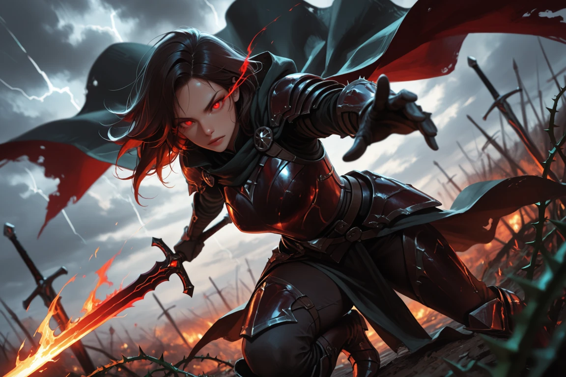 Red-eyed armored warrior woman with a flowing cape lunging through a stormy battlefield, dark fantasy art made with Dreamerland
