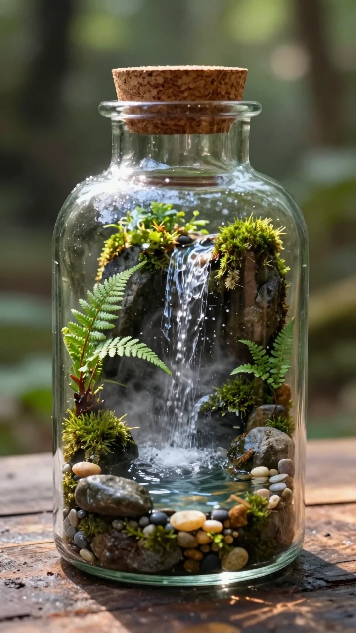 Miniature waterfall world sealed inside a glass bottle, macro fantasy made with Dreamerland