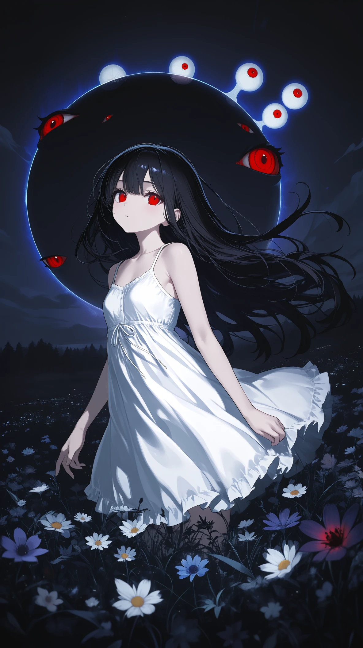 Red-eyed anime girl in a white dress beneath a crescent moon, made with Dreamerland