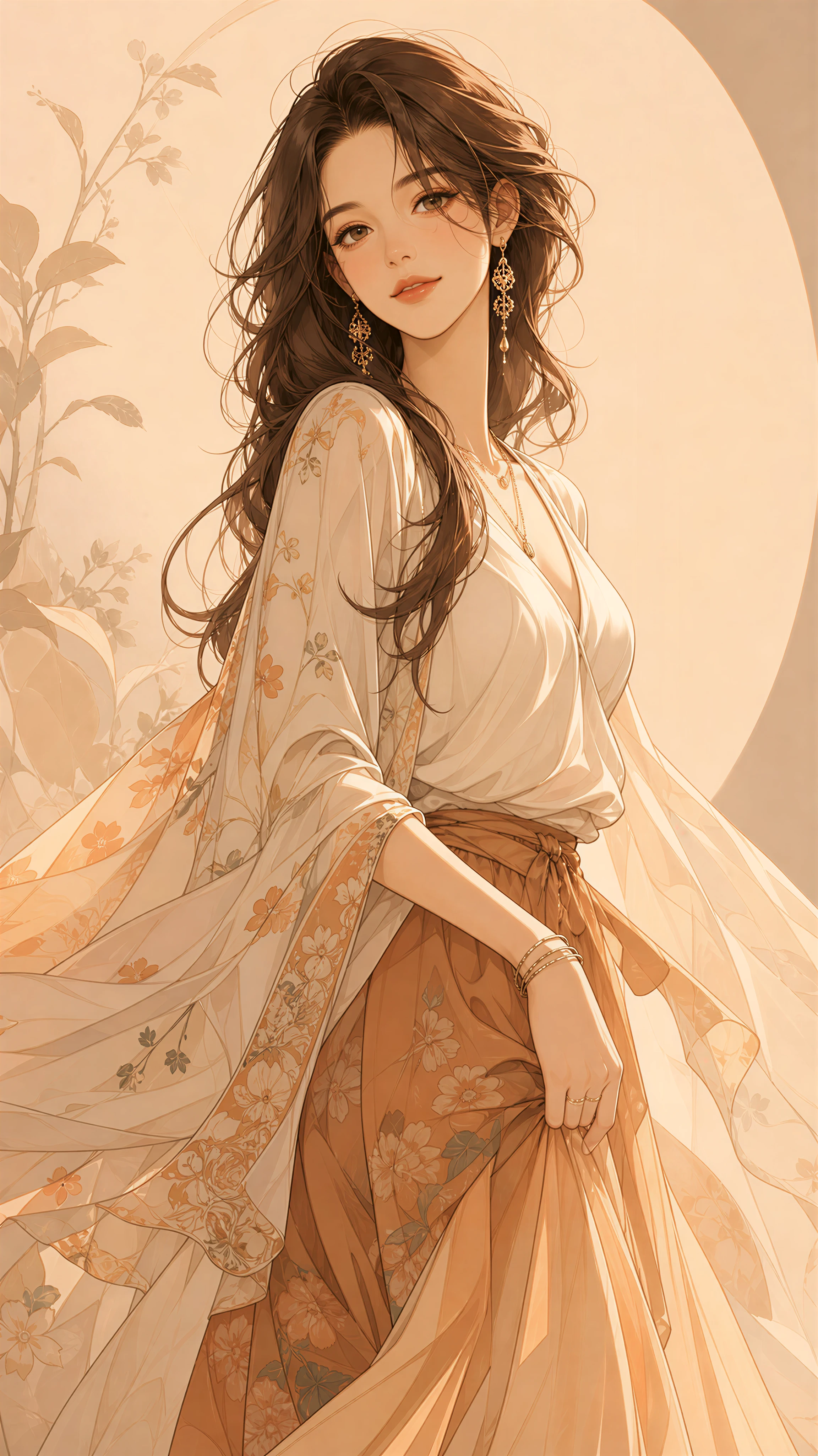 Woman in a flowing translucent robe bathed in warm light, soft illustration made with Dreamerland