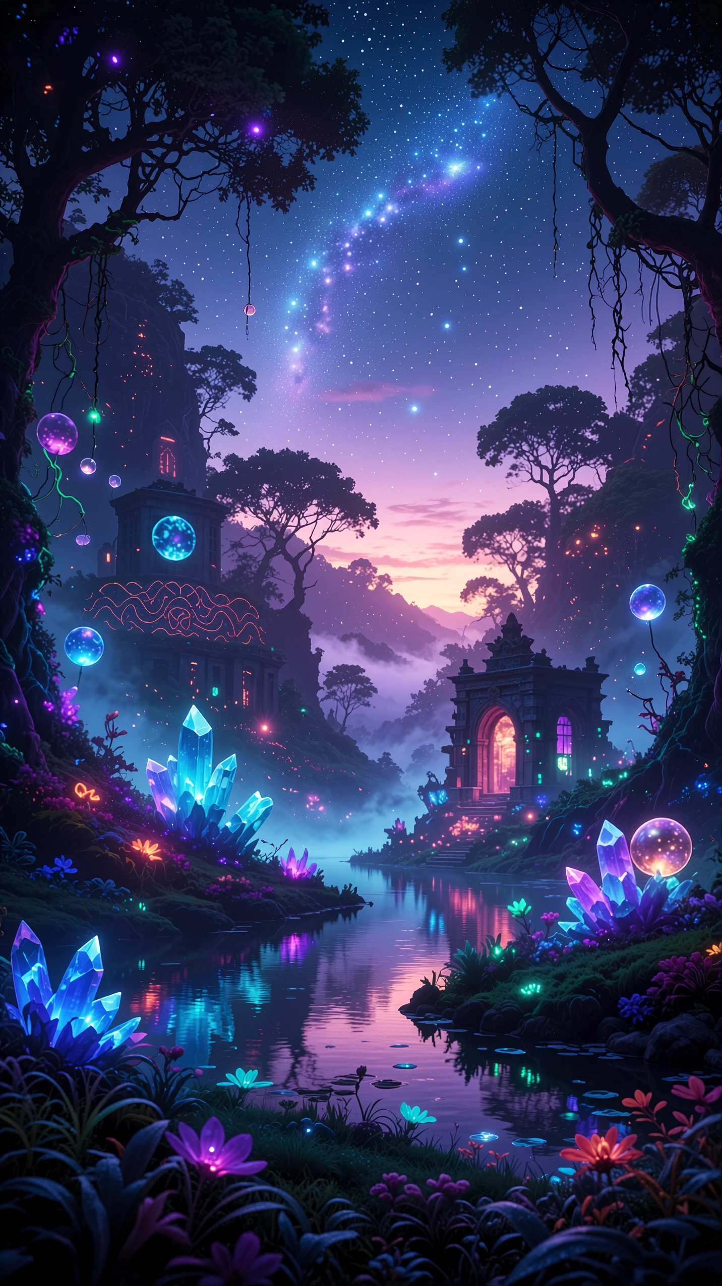 Bioluminescent enchanted forest with glowing pools at twilight, made with Dreamerland