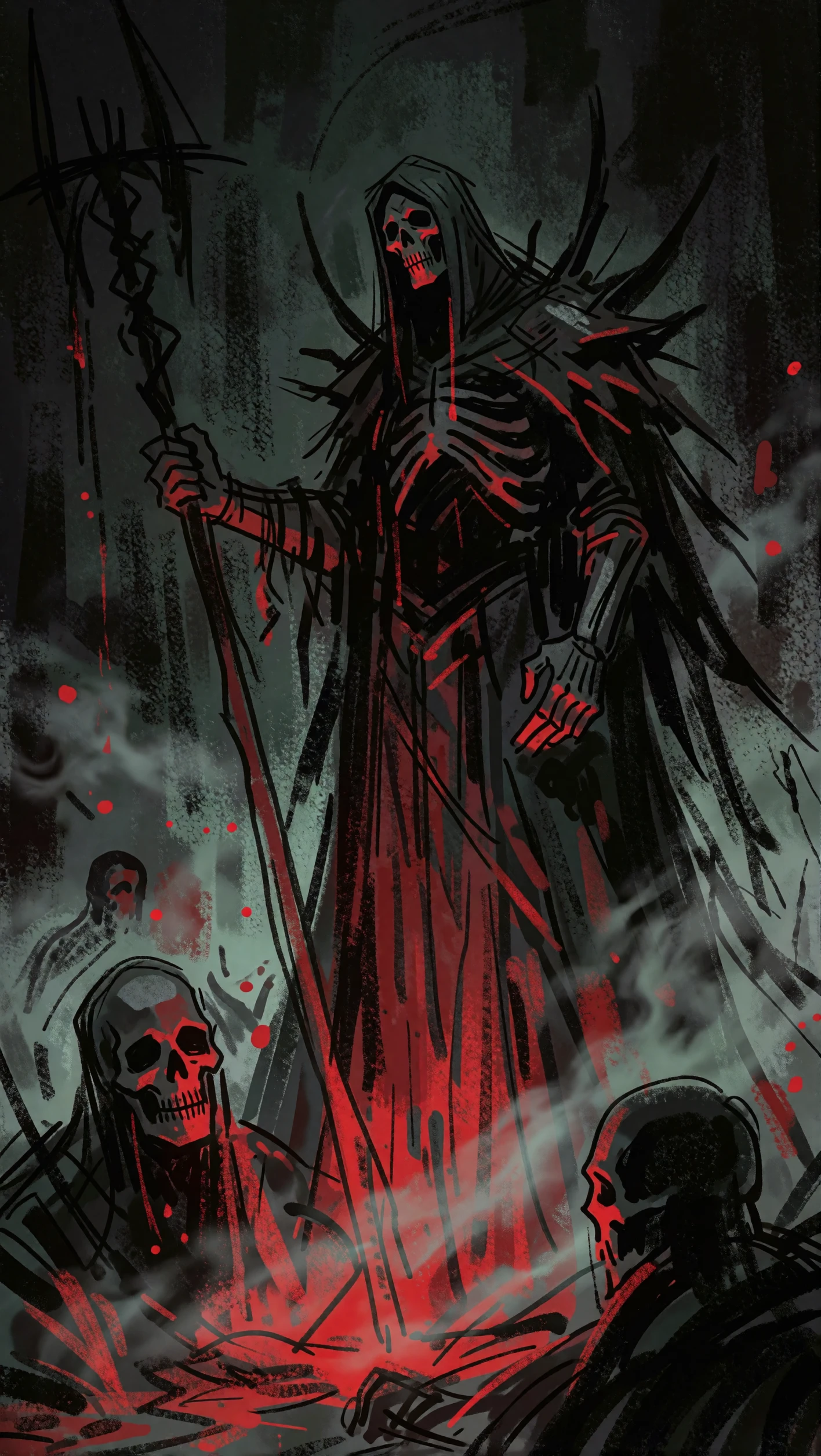 Crimson grim reaper wreathed in smoke wielding a scythe, dark fantasy art made with Dreamerland