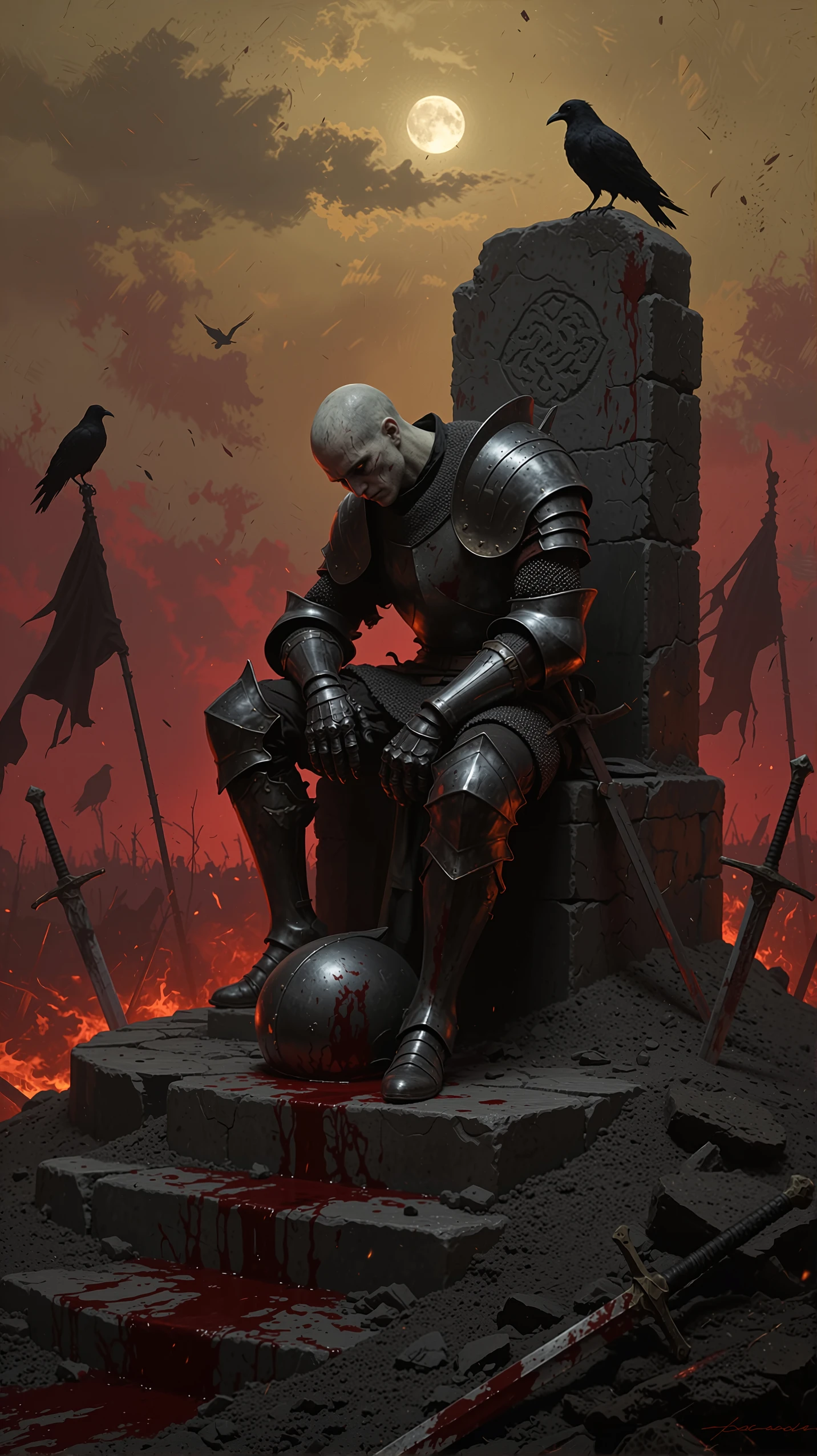 Obsidian knight seated among war banners on a battlefield, dark fantasy made with Dreamerland