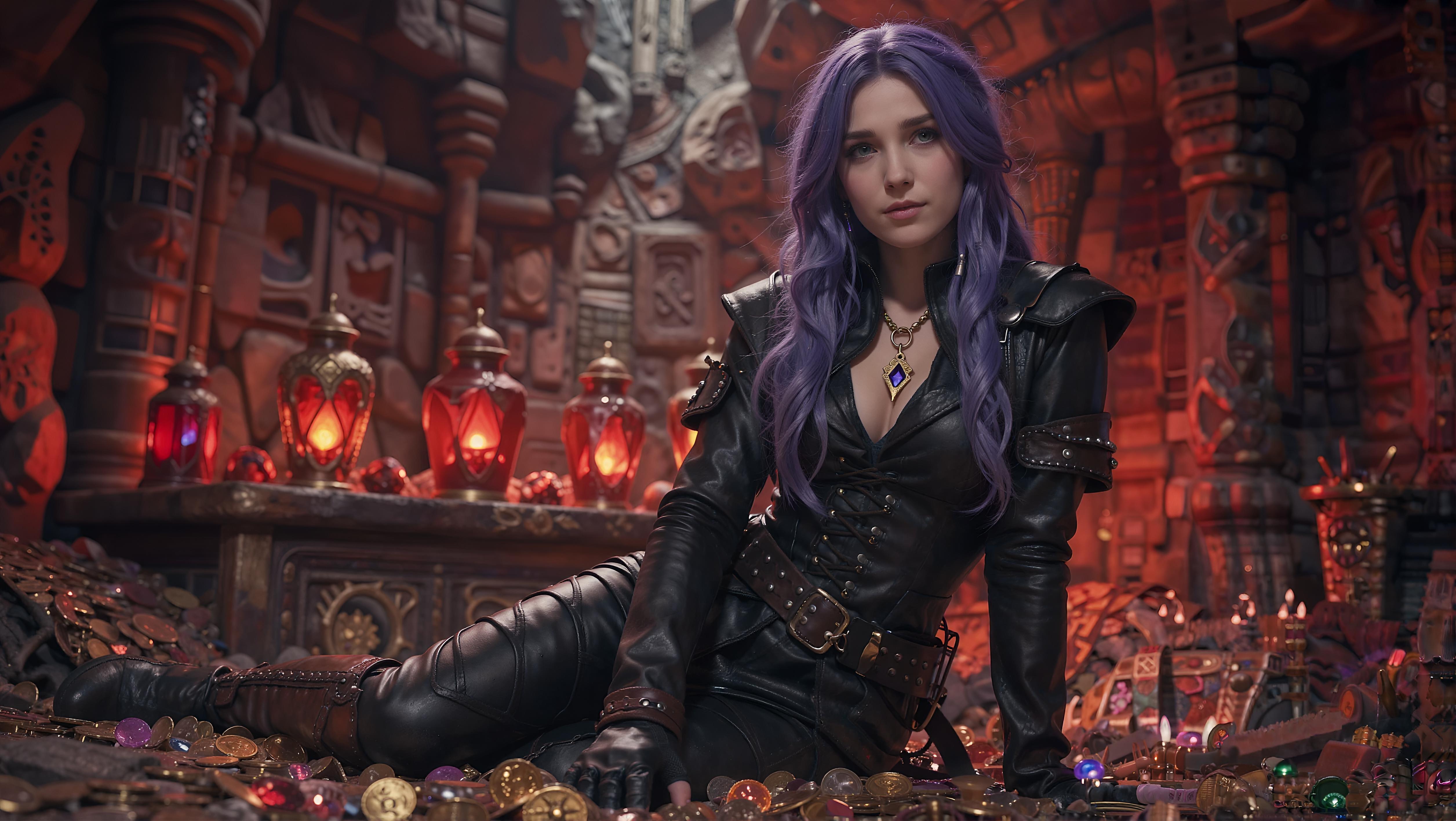 Purple-haired adventurer resting in a lantern-lit fantasy tavern, made with Dreamerland