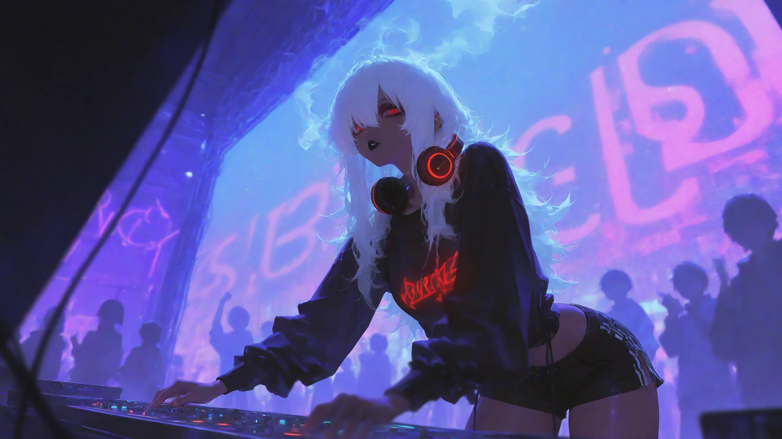 Cyberpunk figure lit by electric neon signage, moody night scene made with Dreamerland