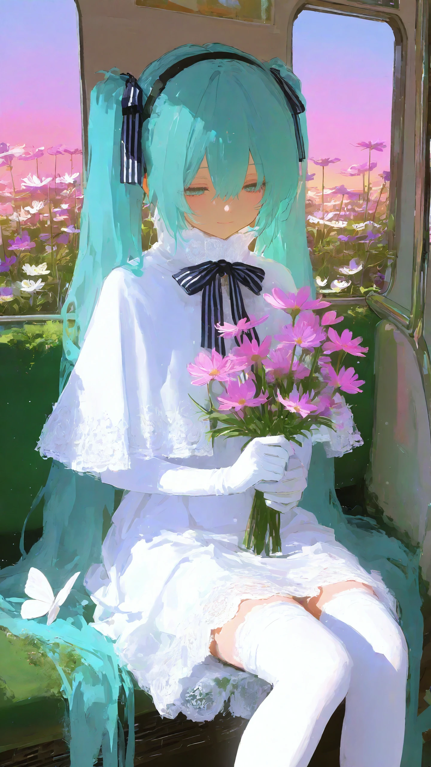 Elegant white gown holding a bouquet of pink blossoms, soft painterly illustration made with Dreamerland