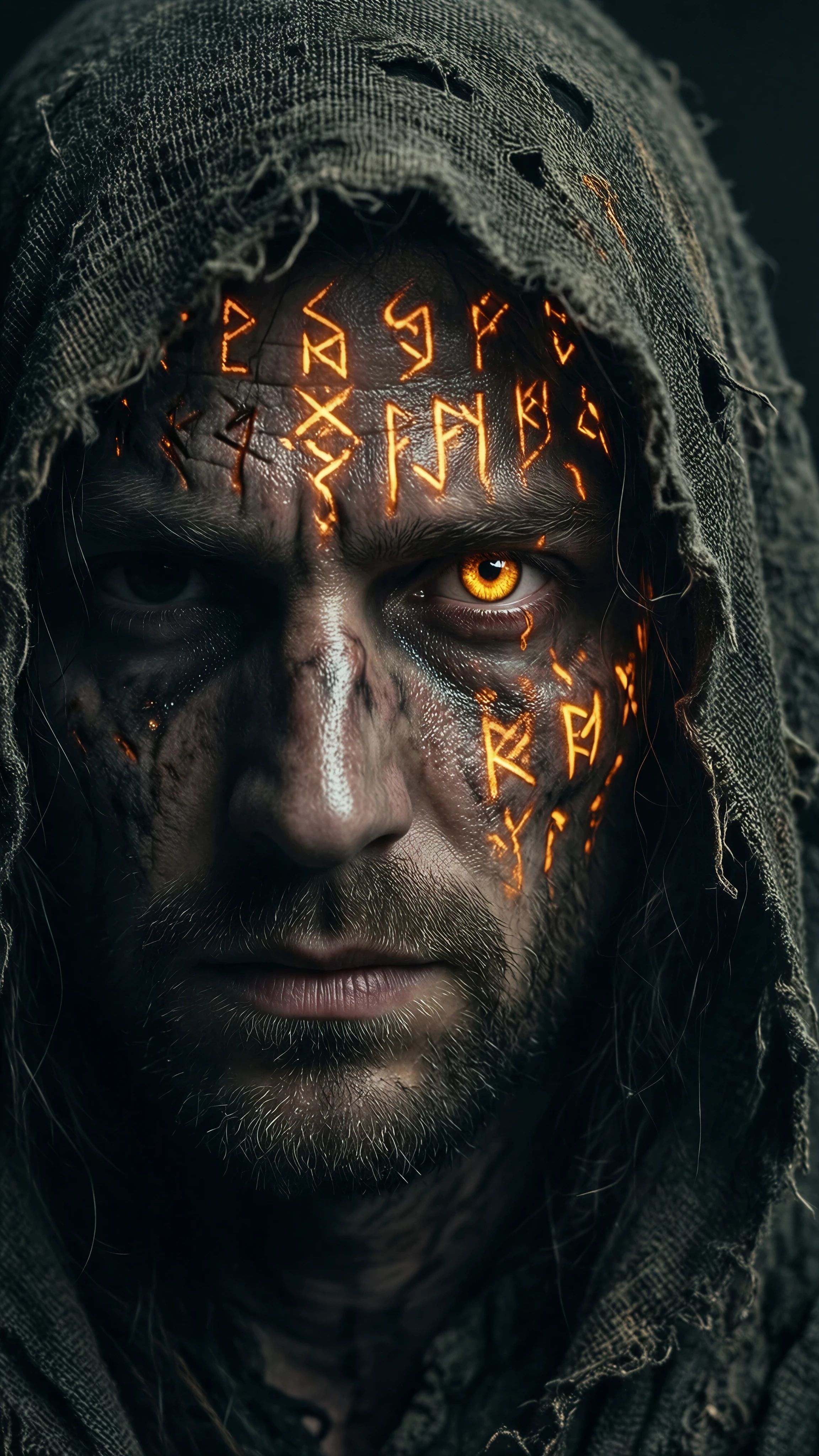 Close-up of a warrior with molten glowing eyes and cracked runic skin, cinematic made with Dreamerland