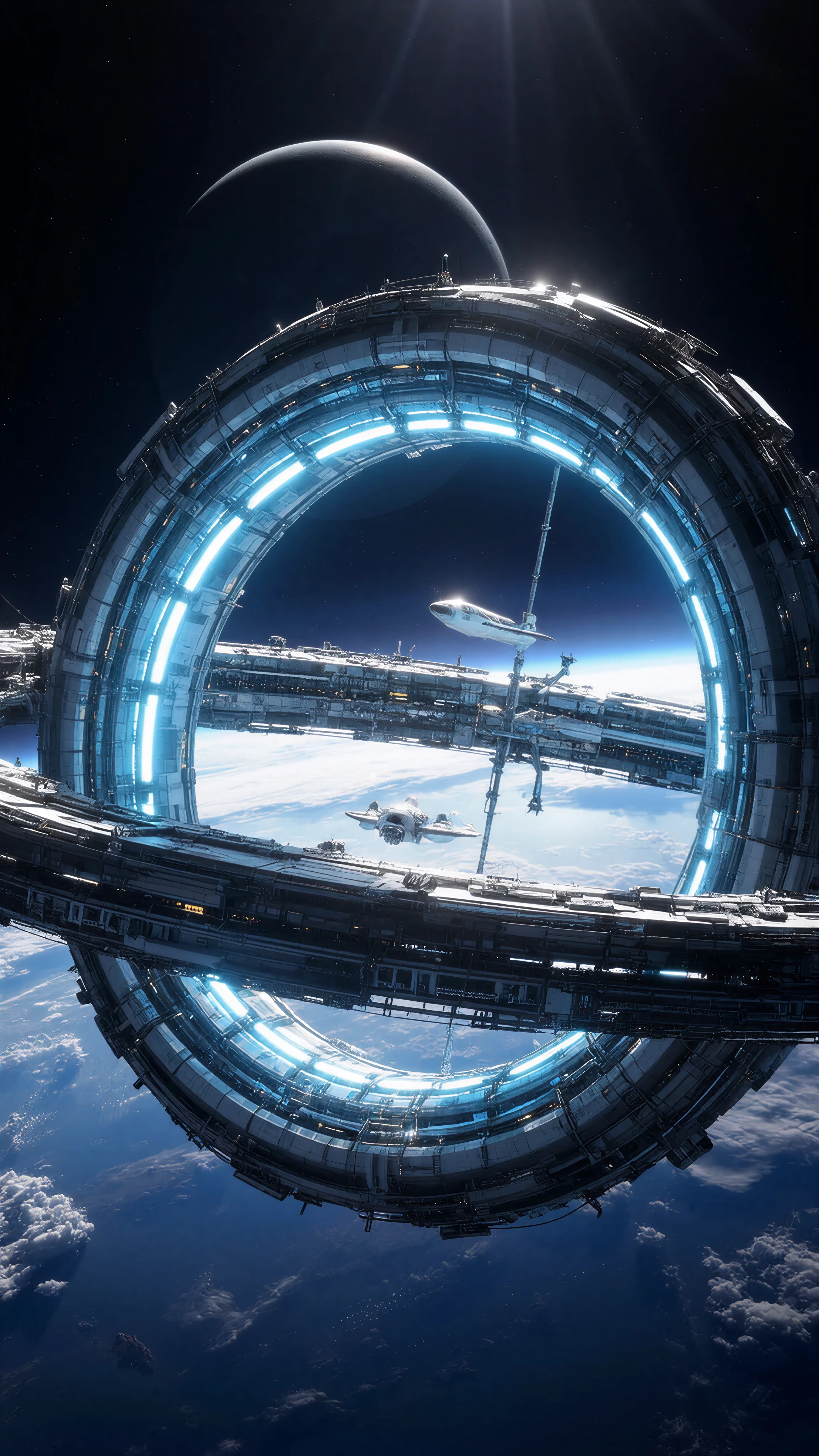 Vast rotating space station ring hanging above Earth, cinematic sci-fi made with Dreamerland
