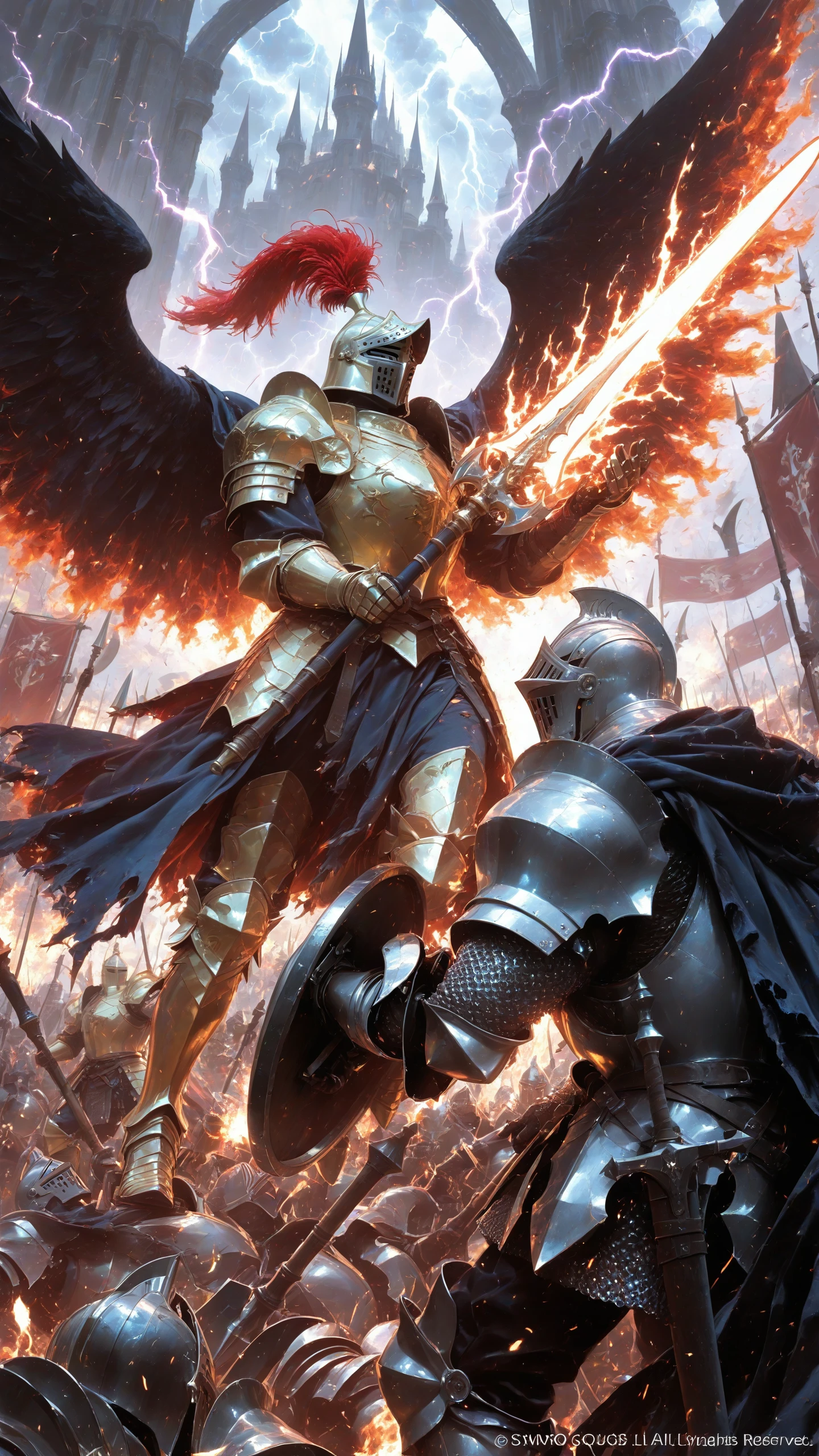 Armored knight charging through flame and ember, epic fantasy art made with Dreamerland