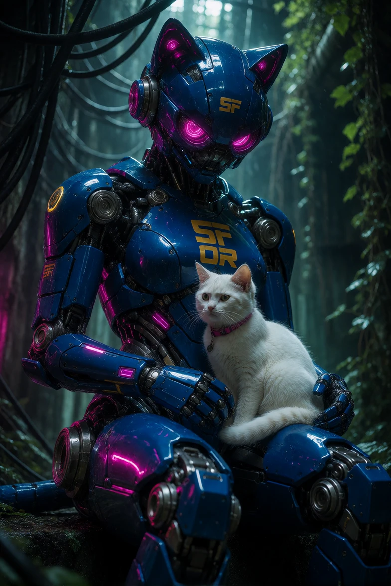 Battle-worn blue mecha cradling a small white cat, detailed sci-fi illustration made with Dreamerland