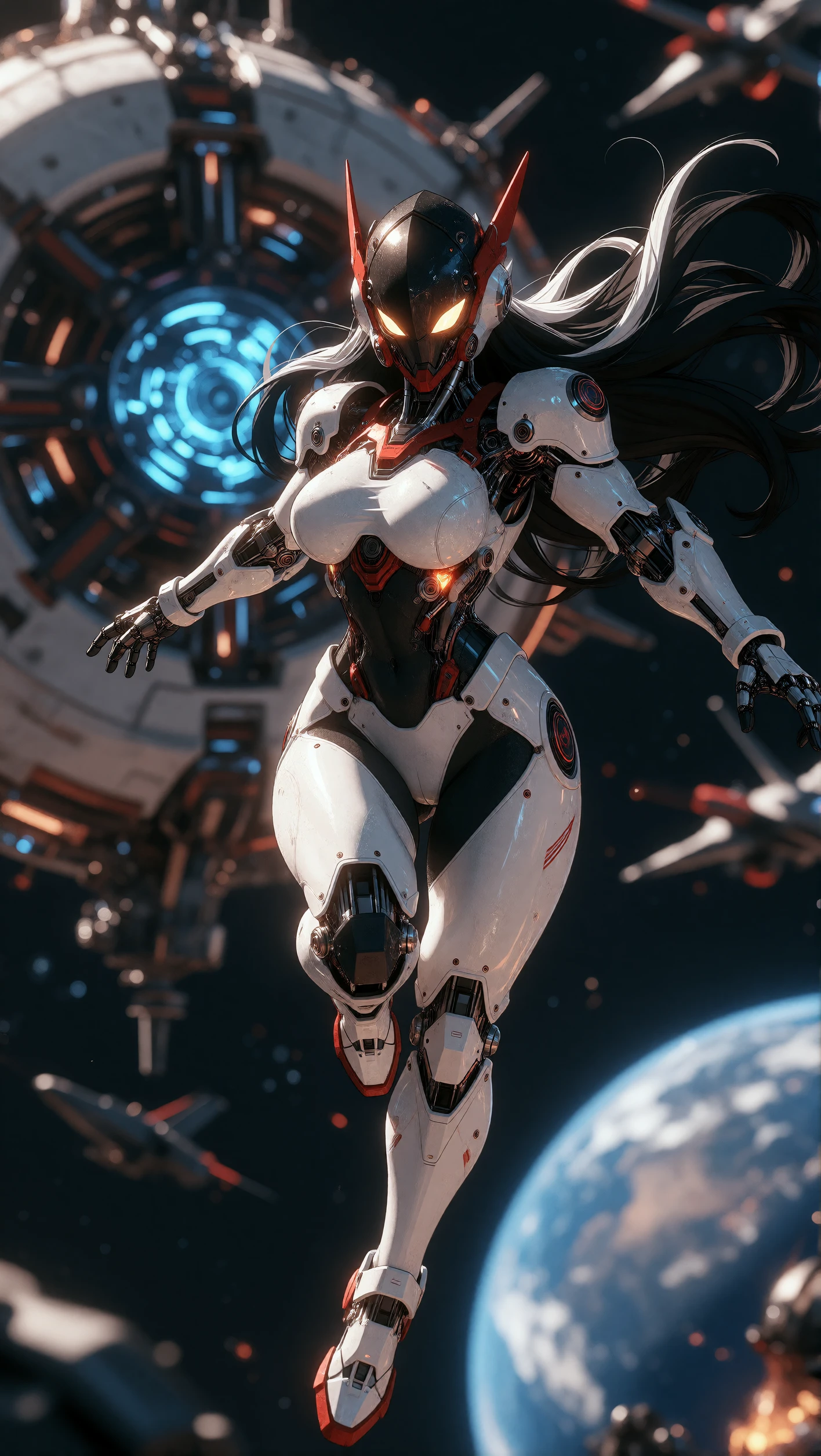 Sleek white-armored cyborg woman drifting in orbit, sci-fi illustration made with Dreamerland
