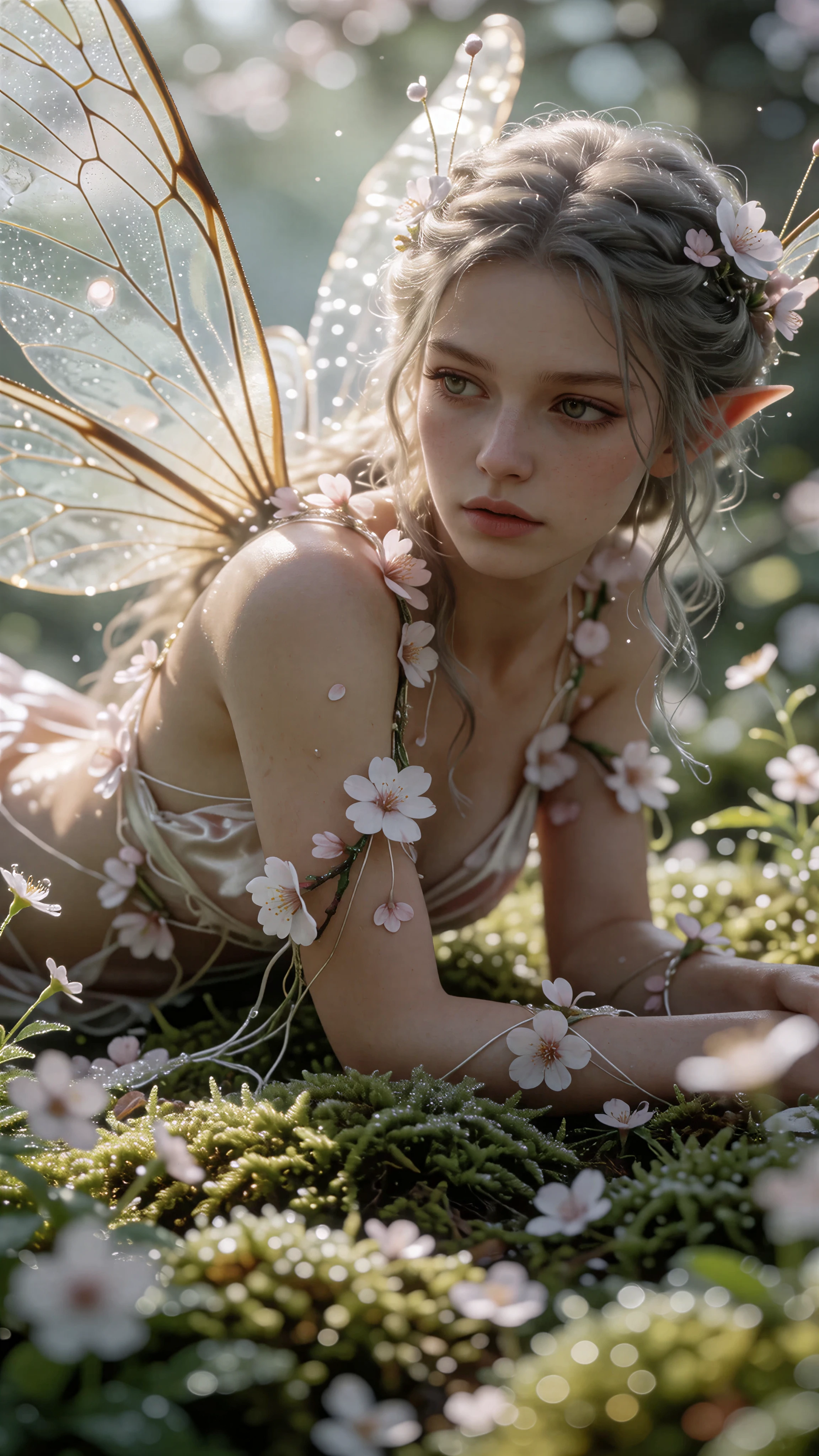 Fairy elf resting among cherry blossoms, dreamy fantasy portrait made with Dreamerland