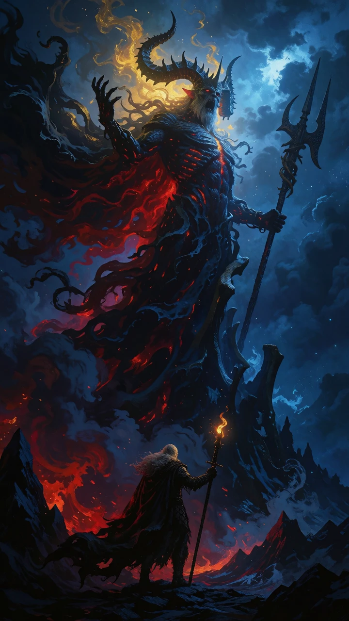 Shadowy horned demon glowing with red embers, dark fantasy art made with Dreamerland