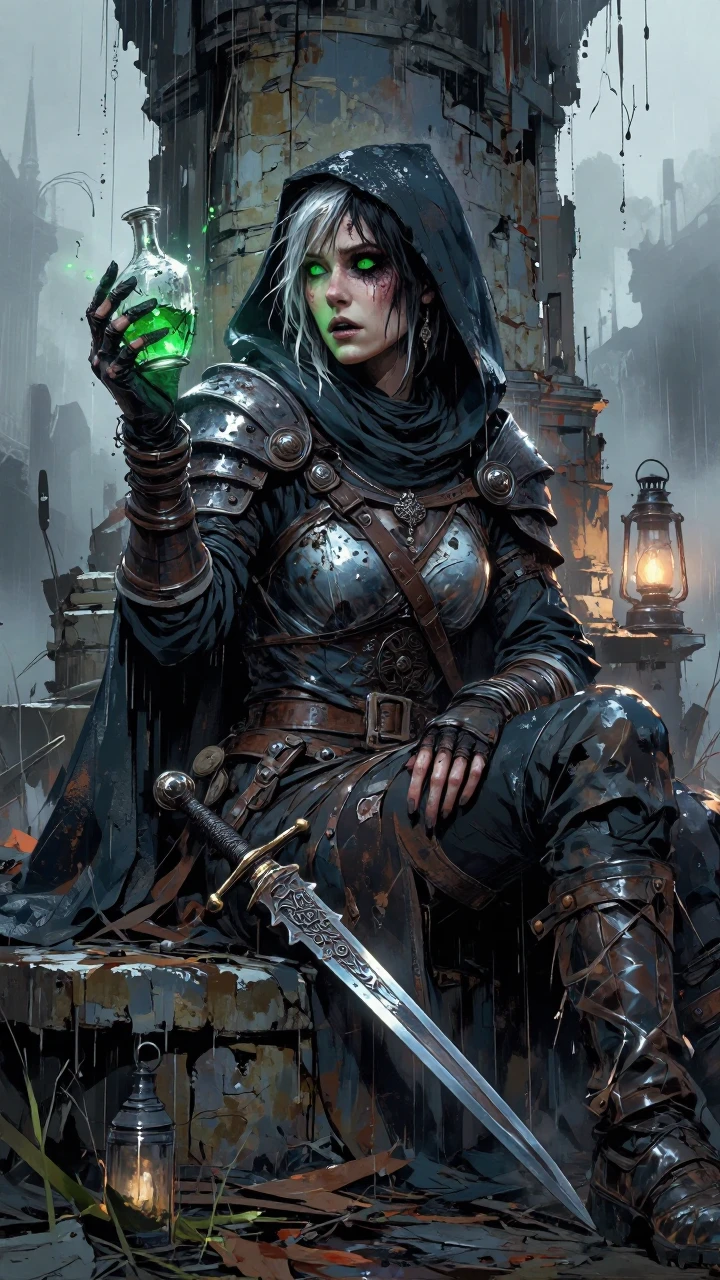 Battle-scarred knight holding a lantern with glowing green-gem armor, made with Dreamerland