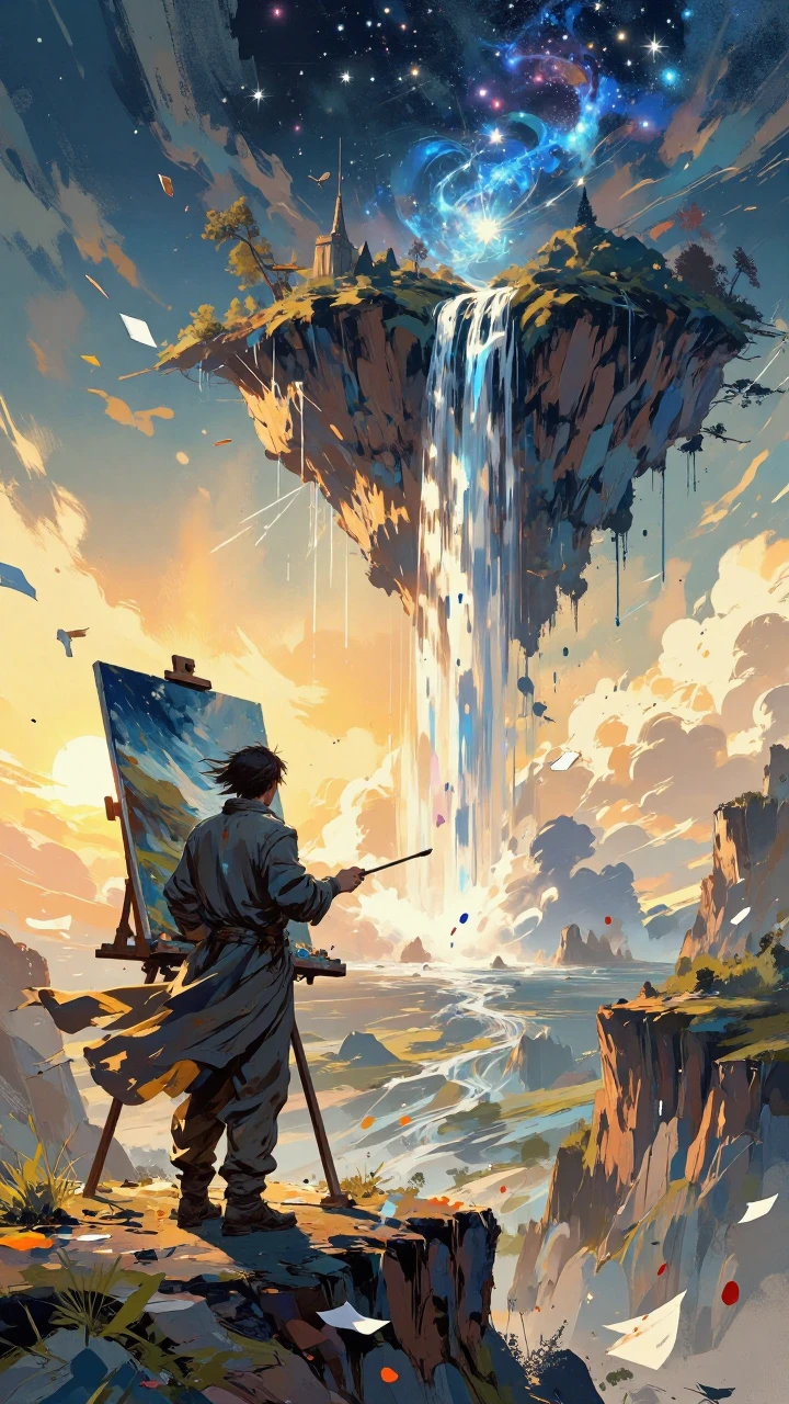 Lone samurai before a towering waterfall canyon, ink-wash style made with Dreamerland