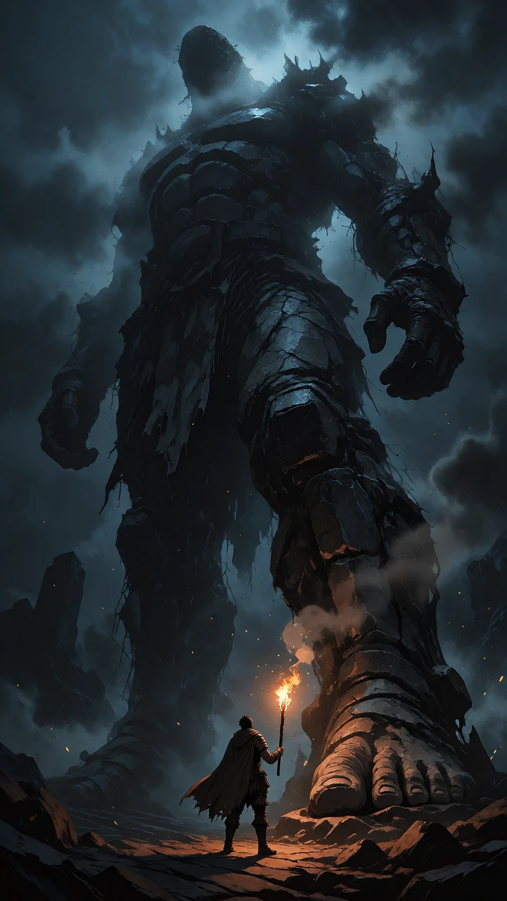 Tiny torch-bearing warrior dwarfed by a colossal ancient stone titan, cinematic anime scene made with Dreamerland